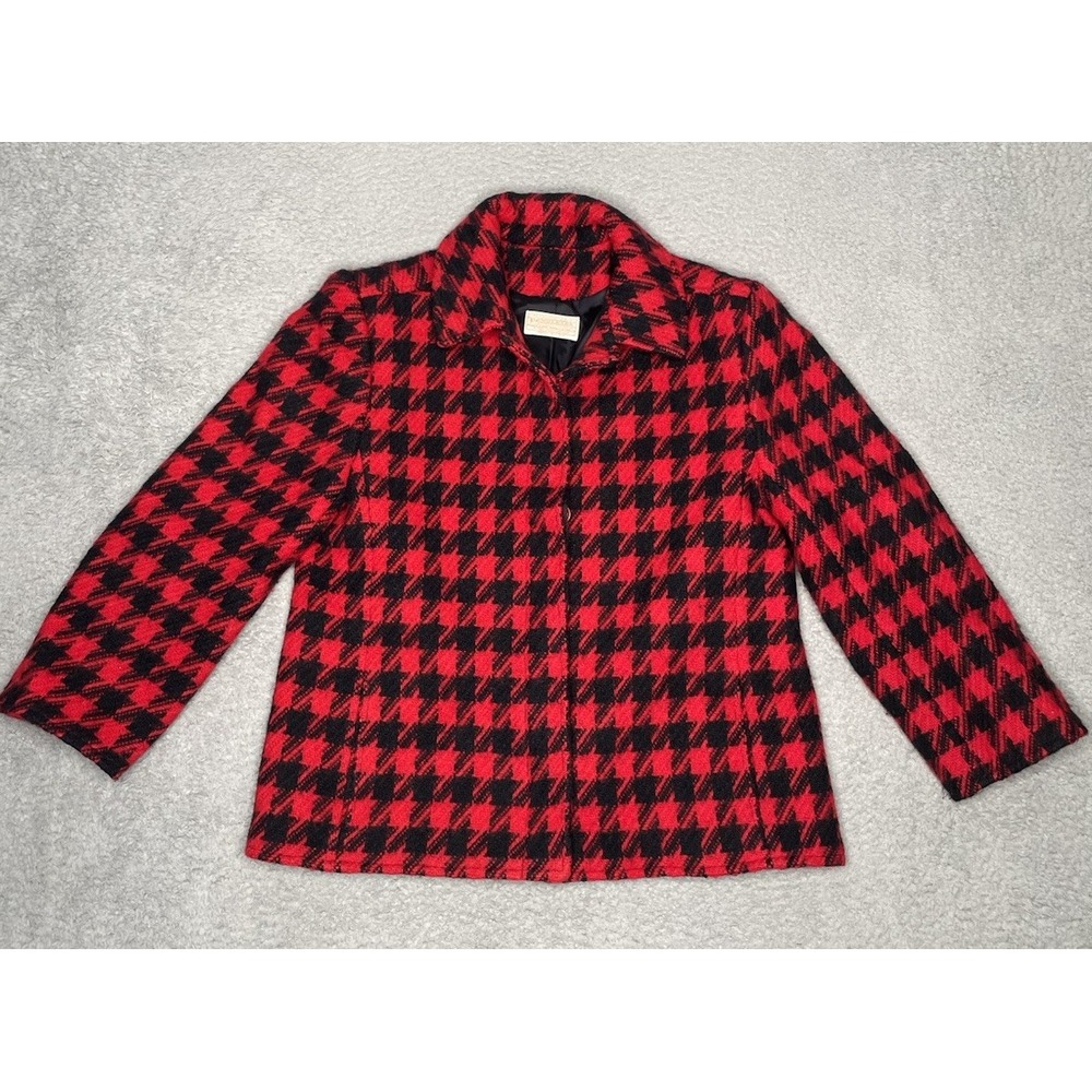Vintage 70s Pendleton Women Wool Red Black Plaid Coat Jacket Size 8 Made in USA